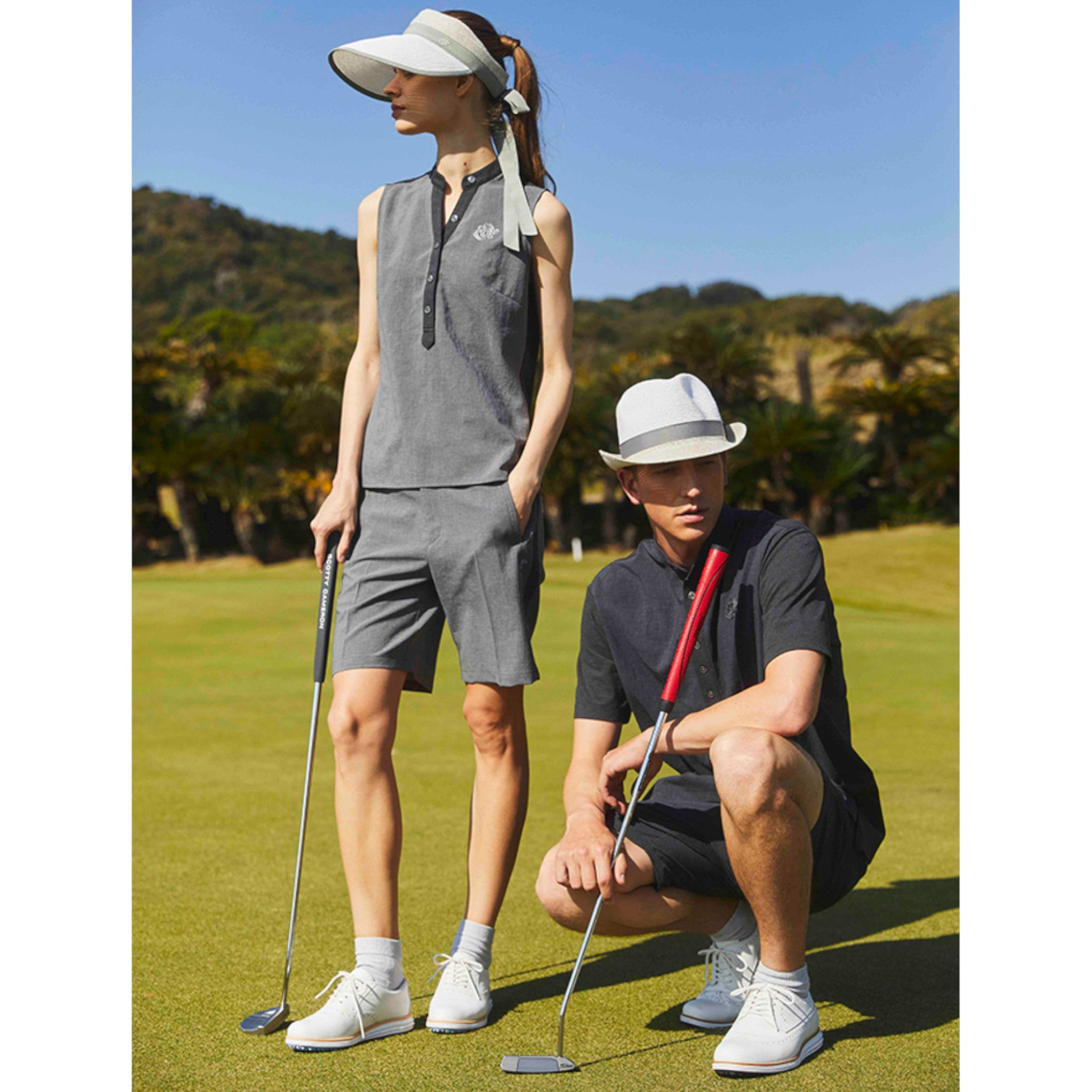 WOMEN DOT MESH COOL ヘンリーネックスリーブレスシャツ グレー