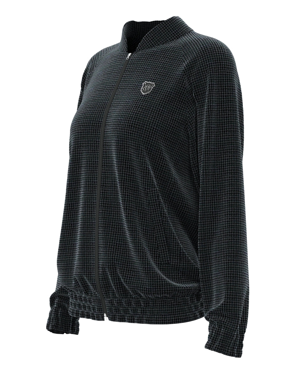 WOMEN VELVET KNIT 千鳥プリント ブルゾン ダークブルーグレー