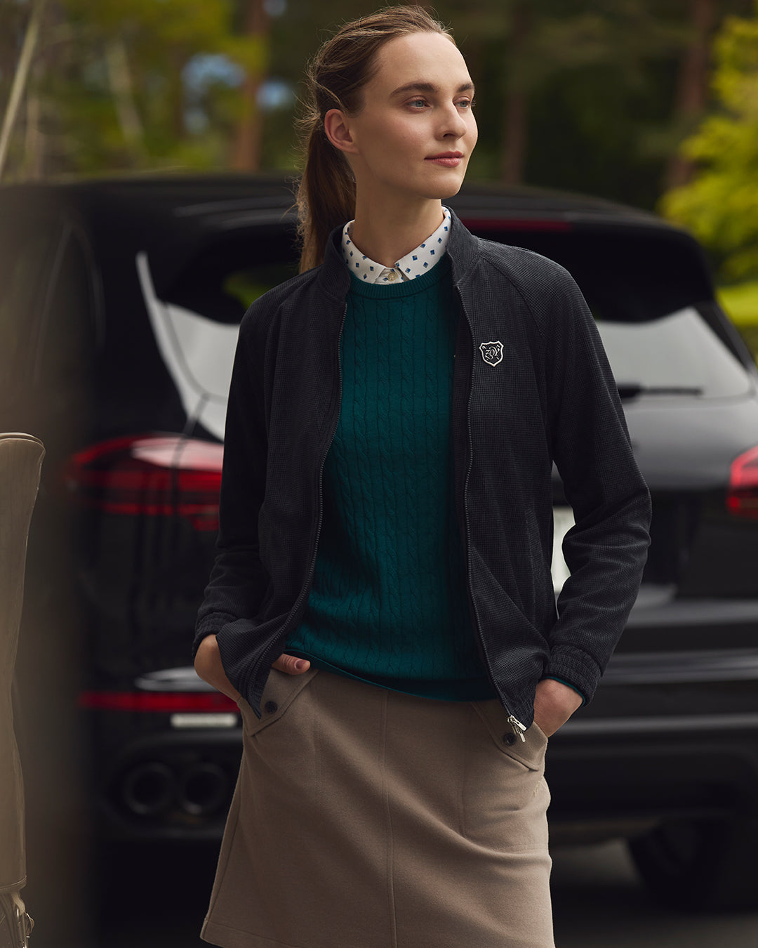 WOMEN VELVET KNIT 千鳥プリント ブルゾン ダークブルーグレー