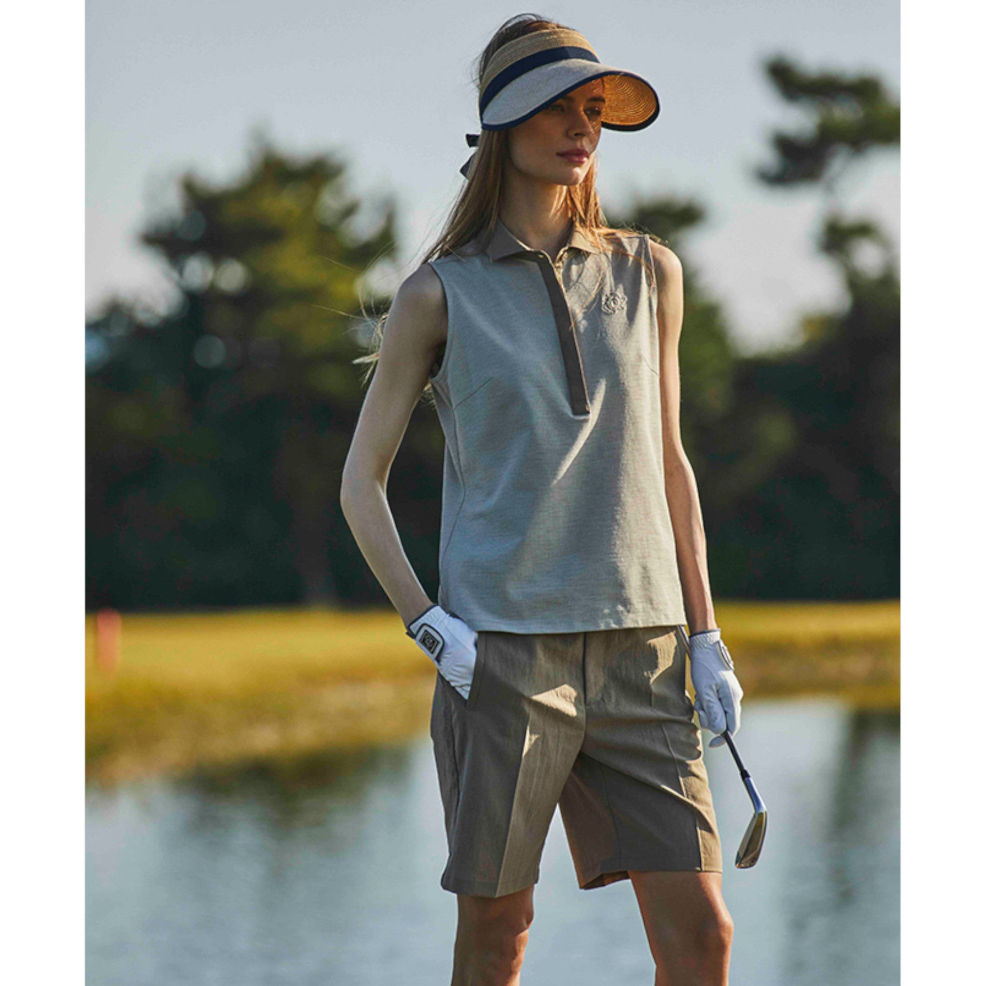 WOMEN DOT MESH COOL ワイドスプレッドカラー スリーブレスシャツ グレー